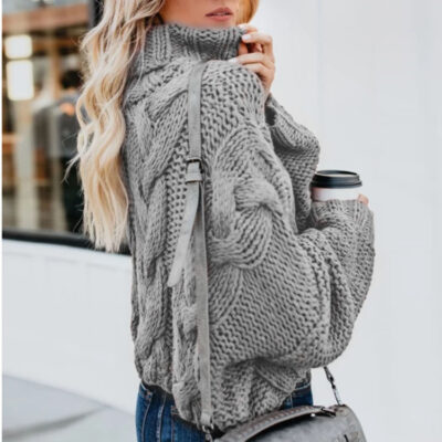 Alice Knitted Jumper/Sweater - Winter Turtleneck Pullover Loose - Grey