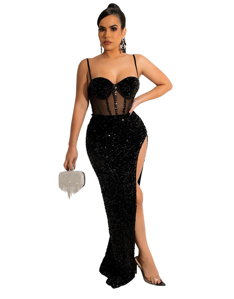 Kiara Stunning Evening/Formal Dress - Sequined Lined Spaghetti Strap Black