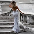 Amelia – Shimmering Sequined Slim Fit Backless Evening Dress – Silver